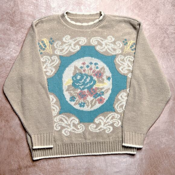 Vintage 90s Floral Rocaille Cottagecore Sweater Multicolor Knit Long Sleeve - Picture 1 of 4